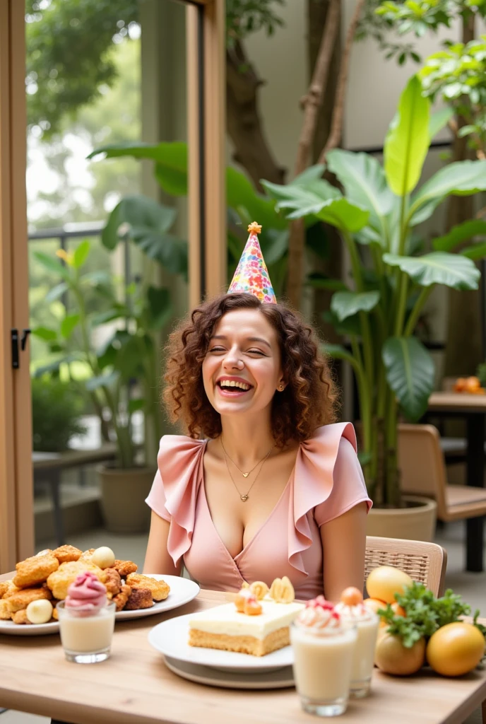 The image is a photograph of a young woman celebrating a birthday. She is sitting at a table outdoors, surrounded by a lush green background with large windows and a patio. The woman, with curly, light brown hair, is smiling broadly, her eyes closed, suggesting she is happy and joyful. She is wearing a light pink, short-sleeved dress with ruffled shoulders and a V-neck.