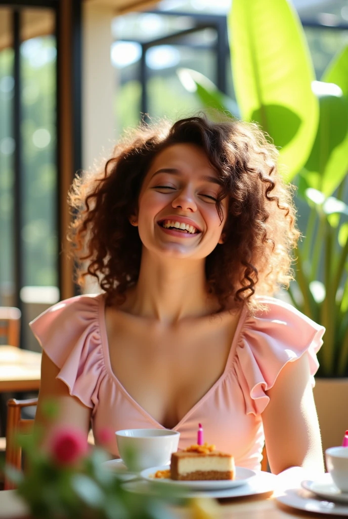 The image is a photograph of a young woman celebrating a birthday. She is sitting at a table outdoors, surrounded by a lush green background with large windows and a patio. The woman, with curly, light brown hair, is smiling broadly, her eyes closed, suggesting she is happy and joyful. She is wearing a light pink, short-sleeved dress with ruffled shoulders and a V-neck.