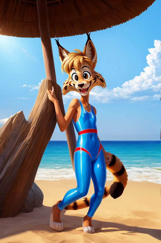 Lynx is a full-length cartoon girl slim skinny in a blue tight lycra swimsuit on the beach with a happy face, big feet, striped tail
