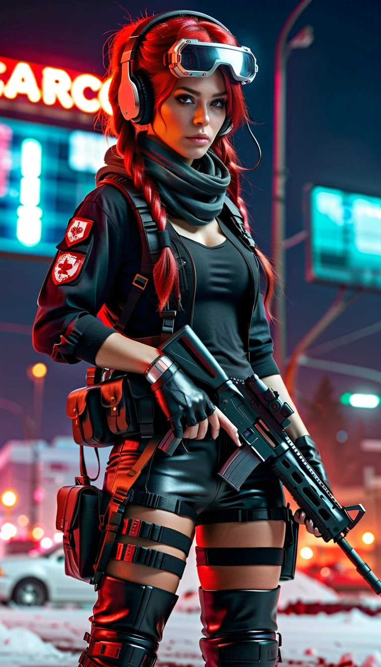 Full body from head to toe, post-apocalyptic, high resolution, 1 woman, Solo, (Detailed face),Red hair, Long closed in back hair, military Nurse outfit, drops of blood on arm, red and black clothe, Snow background, aiming assault rifle, mechanical, Glowing Eyes, Metal surface on clothe for protection, Digital display, Streamlined Design , Digital Creatures, biomechanical, Glass visor, bravery pose , Invisible Circuits, Colorful wires ,scarf, long boots wit red light, headset with antenna and headband medical sight, medical box in waist, Medical doubt device.