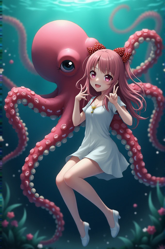 Octopus tentacles tightly wrapped around the beautiful woman's hands and feet