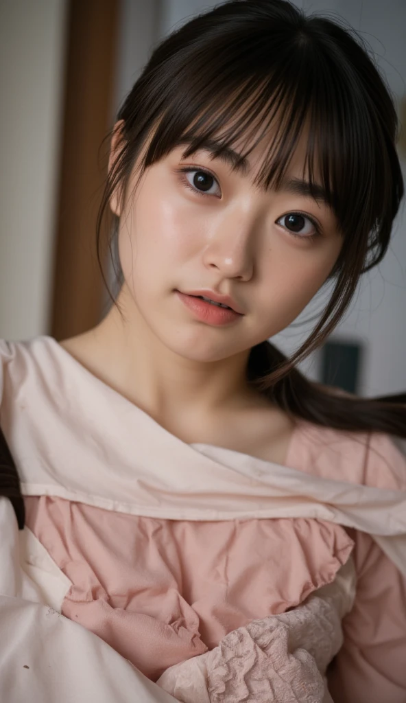 A high resolution photograph of a young Japanese petite girl, photo realistic, masterpiece, award-winning photos, intricate details, extremely detailed, sharp focus, acme, orgasm, mouth open and half closed eyes, portrait, collarbone, stomach, sweat-soaked skin, see through lingerie, visible nipples, arms behind head,