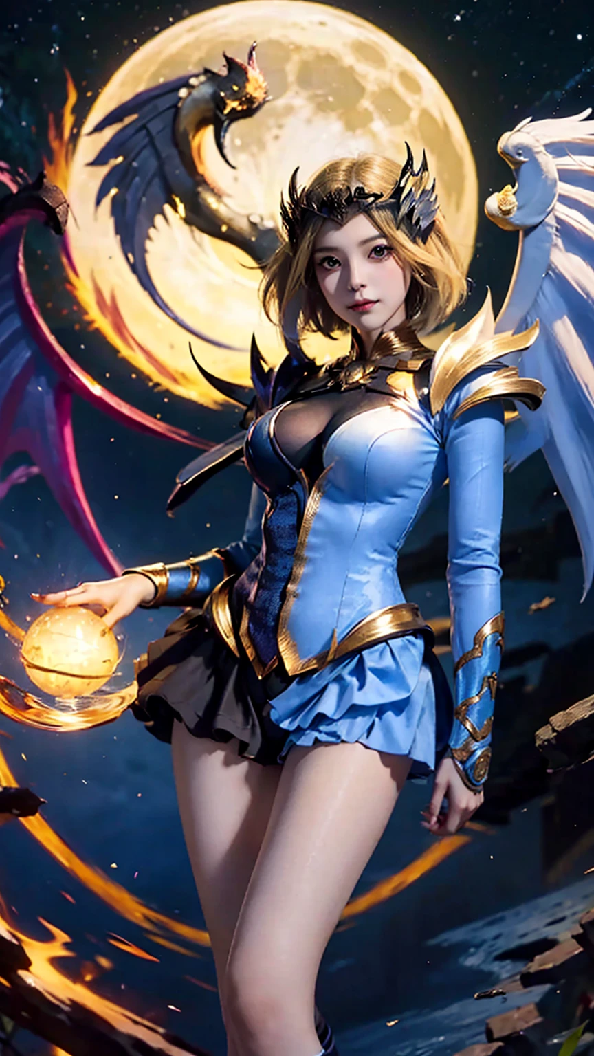 Beautiful close-up, perfect quality, 4K image, full HD,, facial features, beautiful hair, eyelashes, Mobile Legends Lunox, skinny girl, fire, gorgeous face, sweet smile, the most beautiful person, perfect body, balance, Perfect anatomy, UHD picture, perfect figure, cute girl, wizard, sorceress, close, face, look at the camera, against the background of the moon and the sun ,wings, blond hair, girl wings, harp wings, dark and light side, blond short hair,