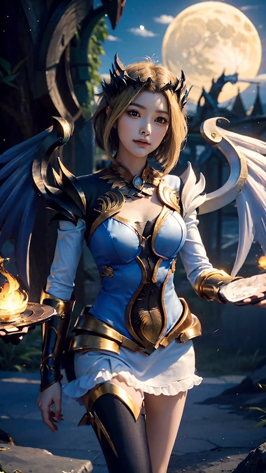 Beautiful close-up, perfect quality, 4K image, full HD,, facial features, beautiful hair, eyelashes, Mobile Legends Lunox, skinny girl, fire, gorgeous face, sweet smile, the most beautiful person, perfect body, balance, Perfect anatomy, UHD picture, perfect figure, cute girl, wizard, sorceress, close, face, look at the camera, against the background of the moon and the sun ,wings, blond hair, girl wings, harp wings, dark and light side, blond short hair,