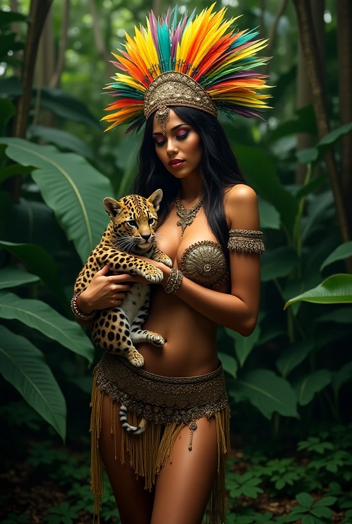 Create high quality ultra realistic 3D illusion close up shoot. There is a big head of leopard on big leaves, Shiva is sitting on it, there is green forest all around in the background, the environment is very beautiful, the image should be like this