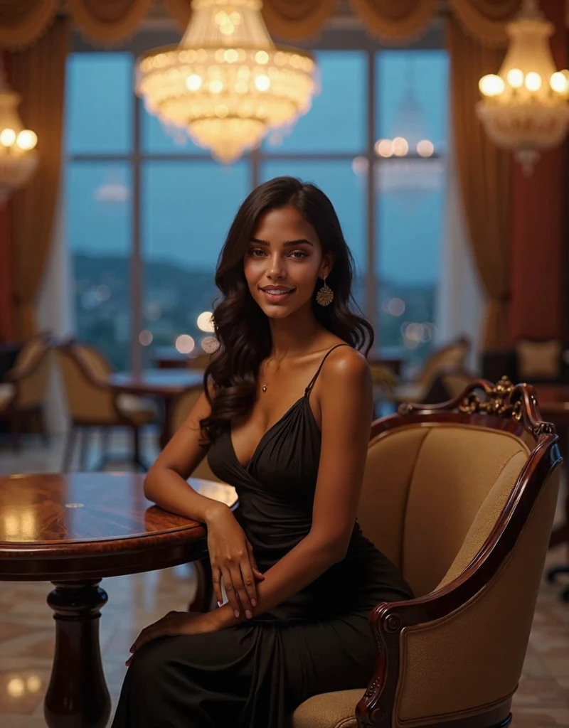 best quality,4k,8k,highres,masterpiece:1.2),ultra-detailed,(realistic,photorealistic,photo-realistic:1.37),srilankan 25 year old girl, with attractive facial features,beautiful detailed eyes,beautiful detailed lips,extremely detailed eyes and face,longeyelashes, fair skin tone. big breasts. is seated gracefully on a plush chair beside a round, polished table at a prestigious luxury hotel in Colombo. The woman is wearing a sophisticated evening dress, radiating confidence and poise. The background features grand chandeliers, ornate decor, and large windows offering a glimpse of Colombo's cityscape and blue sky at dusk. The ambiance exudes exclusivity and refinement, with soft lighting casting a warm glow over the scene, highlighting the woman's serene expression.