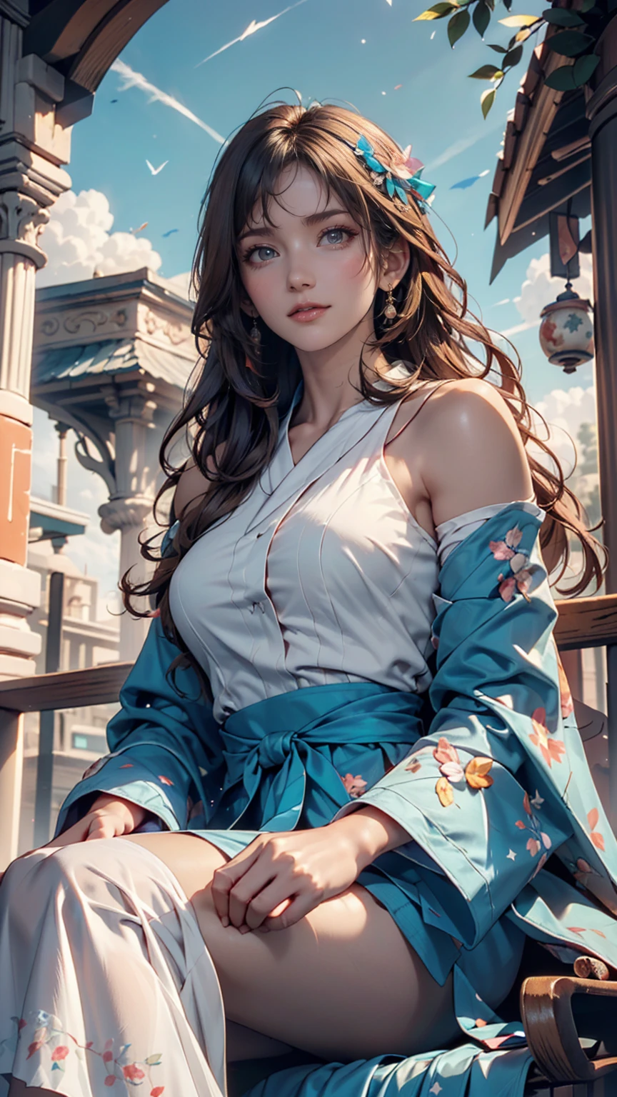 (Highest quality, masterpiece), Turquoise Screen Filter, (One person, alone, Brown robes, expression, look up, Sitting, Wide sleeves, Iris, Mouth closed, Long Hair, Cowboy Shot), (sunny, Cosmos field, cloud),