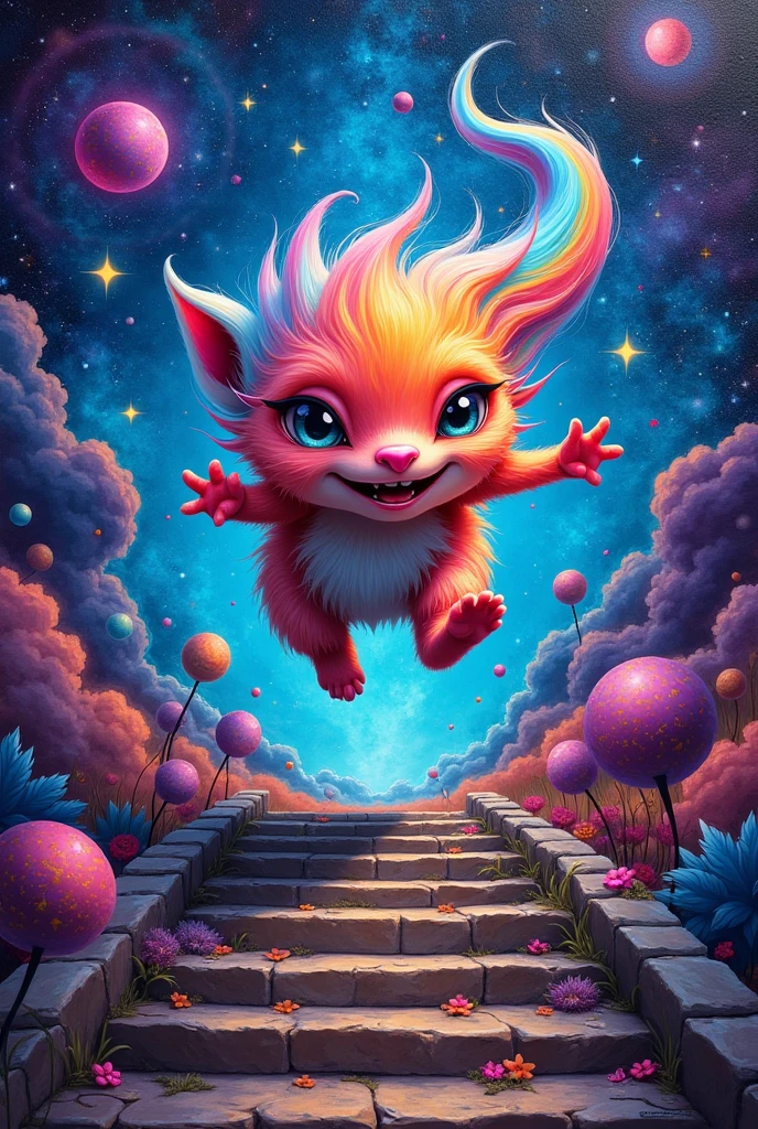 acrylic painting of multicolor fur jumping around the stones steps, happy expression, psychedelic neon color universe background, stars and galactic