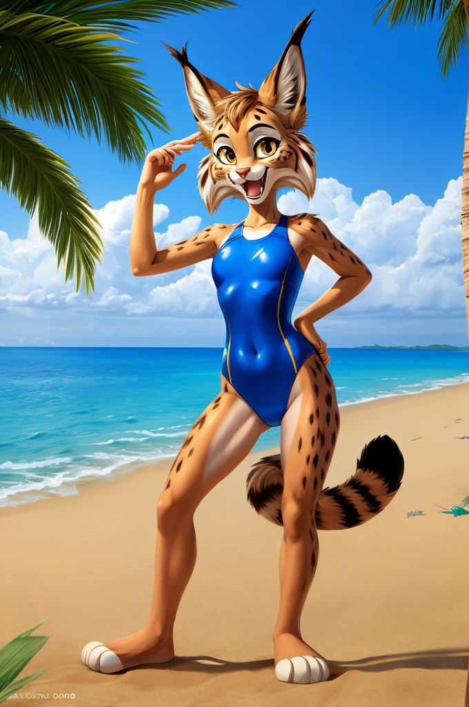 Lynx is a full-length cartoon girl slim skinny in a blue tight lycra swimsuit on the beach with a happy face, big feet, striped tail
