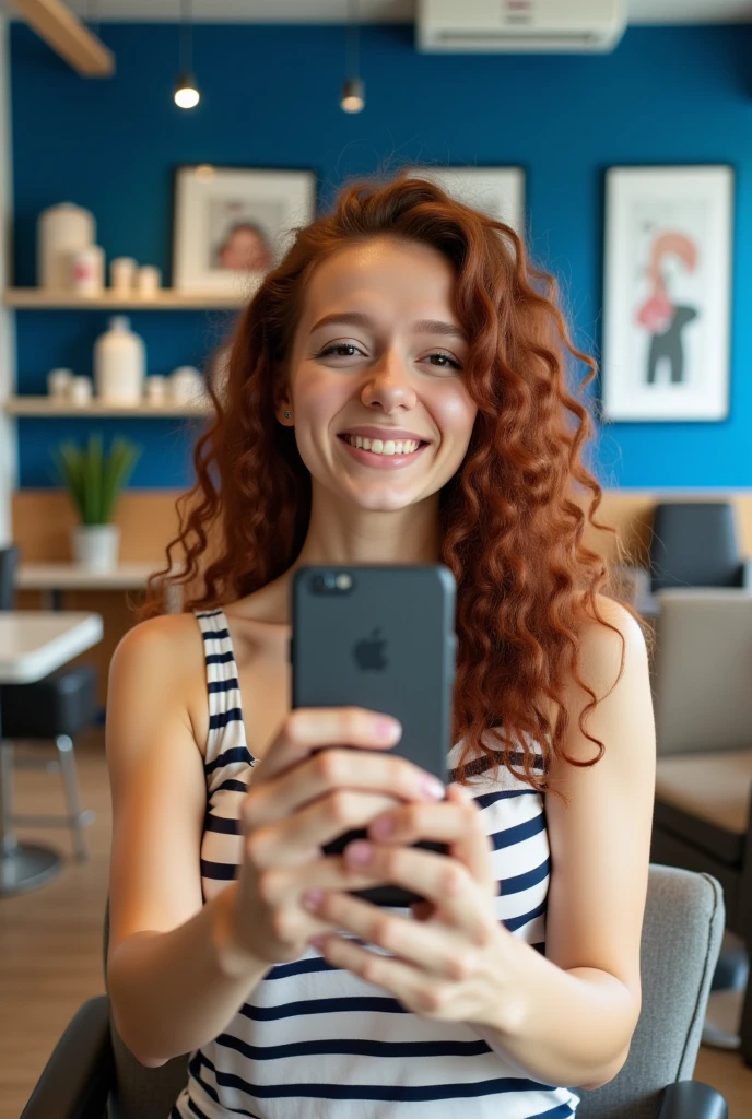 The image is a photograph taken in a modern, well-lit salon. A young woman, with long, curly auburn hair is seated in a salon chair, taking a selfie with her smartphone. She has fair skin and wears a sleeveless top with a horizontal stripe pattern. The salon has a contemporary design with a blue wall in the background adorned with framed artwork and a shelf holding various hair care products.