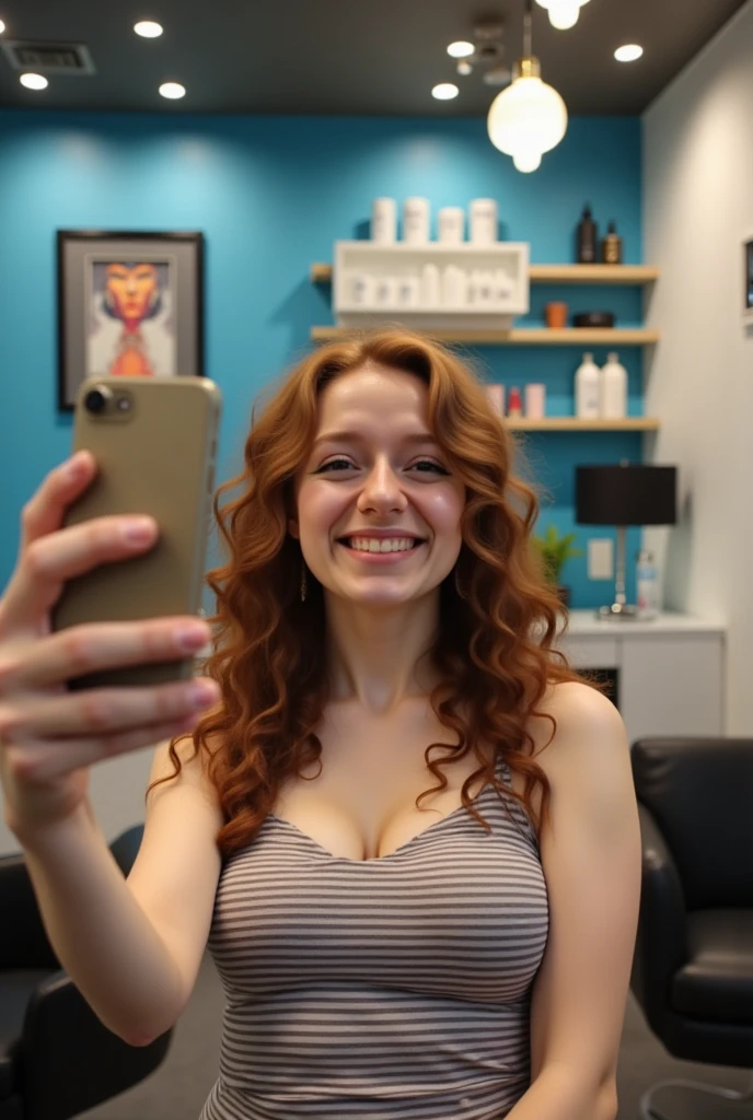 The image is a photograph taken in a modern, well-lit salon. A young woman, with long, curly auburn hair is seated in a salon chair, taking a selfie with her smartphone. She has fair skin and wears a sleeveless top with a horizontal stripe pattern. The salon has a contemporary design with a blue wall in the background adorned with framed artwork and a shelf holding various hair care products.