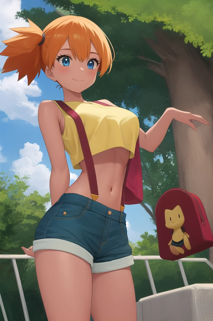 pkmnmisty,  1 girl, alone,  blue eyes,  orange hair,  short hair,   side ponytail , bangs, Hair ties,
smile, closed mouth,
( Very Detailed,  Beautiful Detailed Face , masterpiece, Best Quality)  Movie Lighting,

masterpiece,Best Quality,1 girl,ormal, 1 girl,alone, tanned skin, large breasts, 

 yellow shirt,  crop top,  sleeveless,  suspenders, short shorts,garden