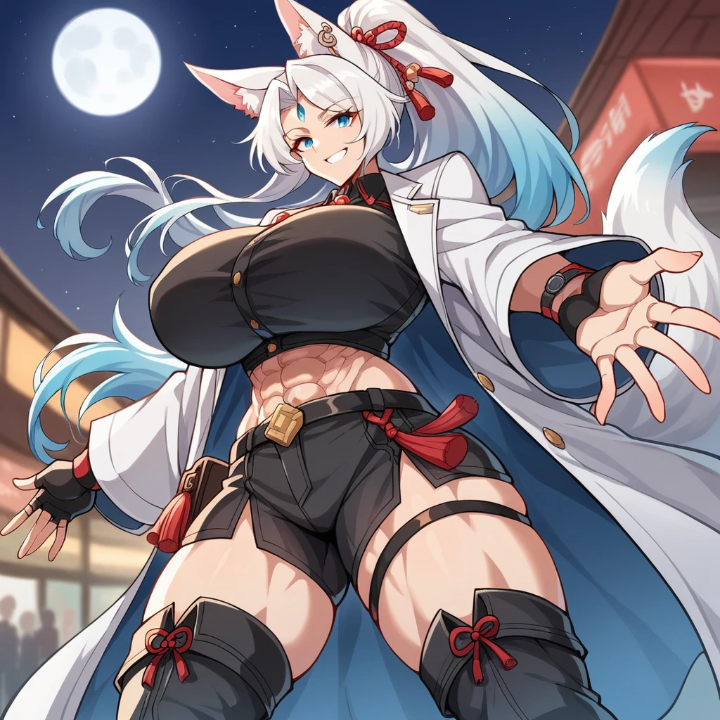 Large biceps, ((huge natural breasts)), (FeixiaoDefault, animal ears, long hair, ponytail, gradient hair, white hair, blue eyes, forehead jewel, ear piercing, tassel hair ornament, tassel earring, ((black collared shirt)), brooch, red tassel, white coat, black gloves, fingerless gloves, thigh strap, knee boots,((animal ears,fox ears,gradient kitsune tail)), solo, holster on the hips,,((night shopping center)),female abs,muscular, (eight abs pack),((smiling)),((scar on body)),((eight kitsune tails)),((watch on wrist)),((nighttime)),hand reaching out towards the viewer,((night star sky)),moon