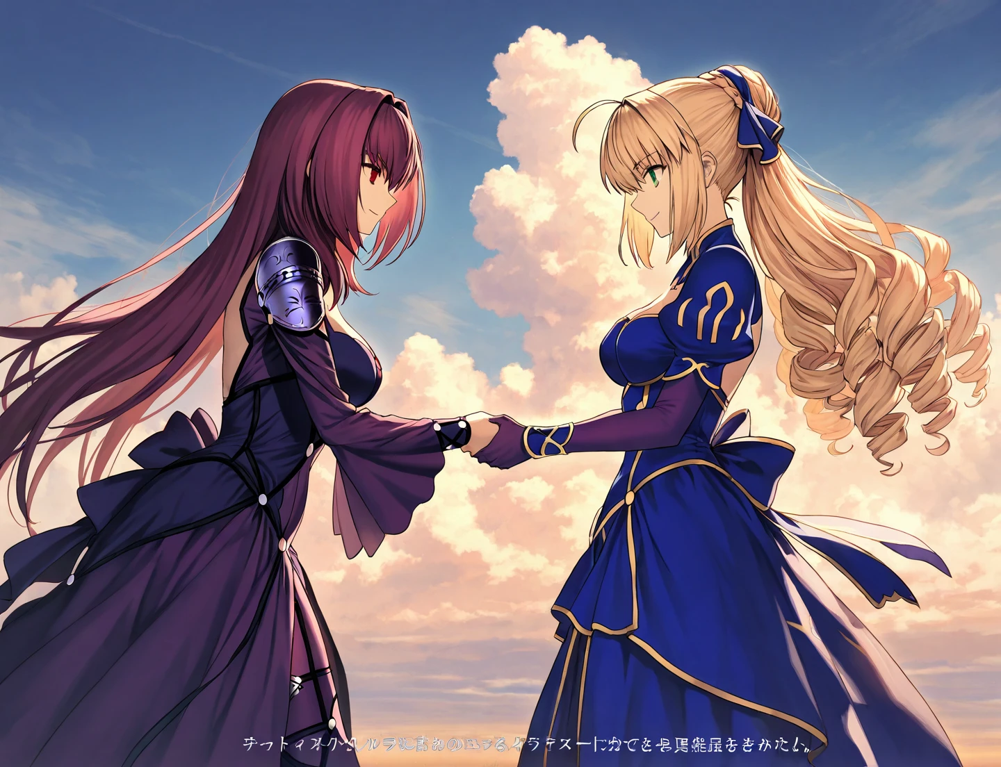  High resolution,  masterpiece , necessary, detail,  best quality, quality,  lyrics,  TEXT, 

 2girl, alone, linda,  Costume, Of profile

Scathach  , scathach   Fate Grand Order  , fate,   Fate Grand Order  , throw,  long hair ,  curly hair , red eyes,

 Artoria pendragon , to know,  Fate Grand Order , blonde hair,  tied hair , Blue dress,  green eyes 


Handshake, smile,

prado, cloudy, getting dark 