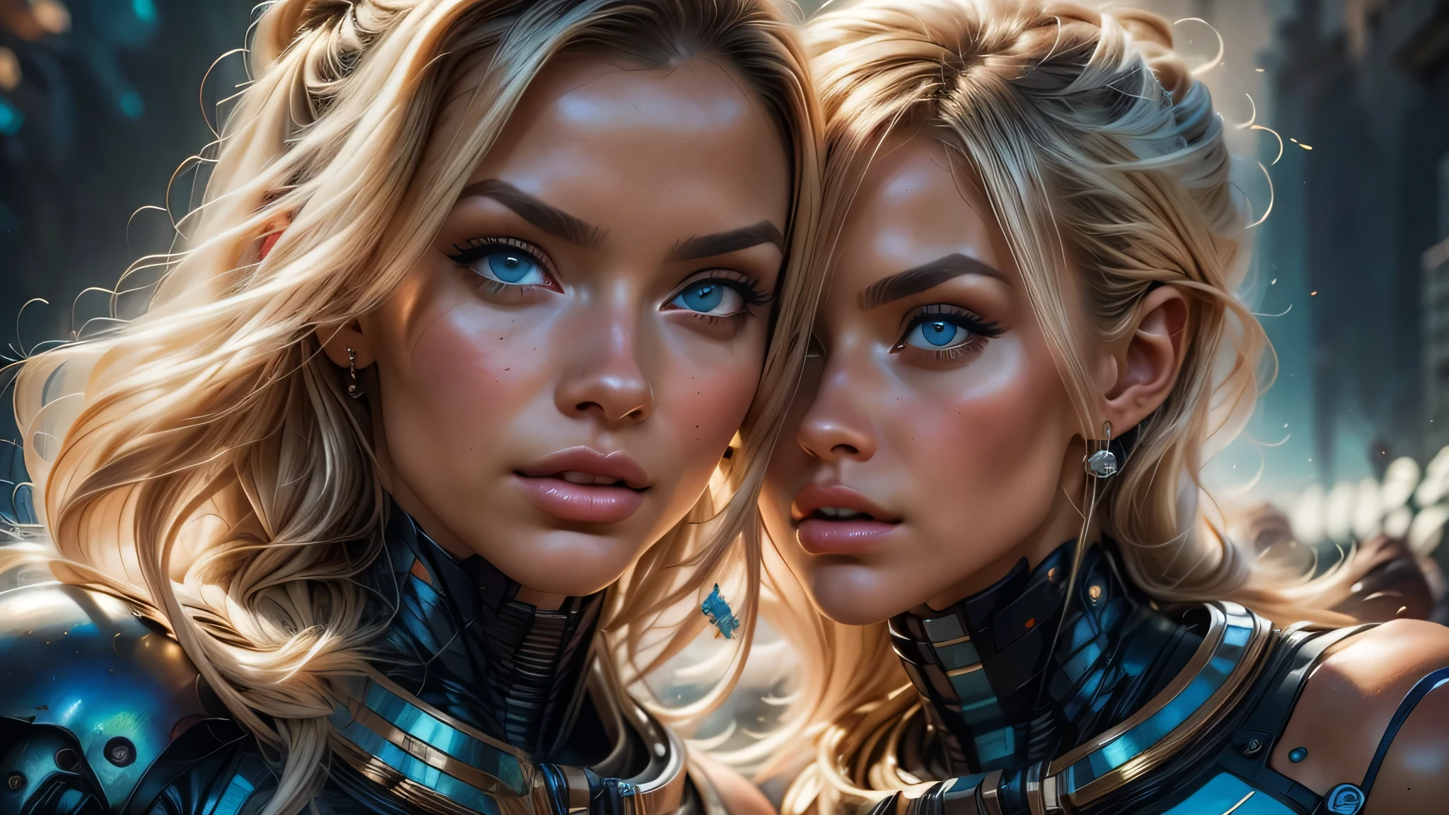 infrared image of a blonde white woman in a futuristic suit with a spaceship in the background, movie art, in front of an orange background, inspired by Robert McGinnis, female protagonist, megastructure in the background, portrait of an ai astronaut, astronauts, an astronaut, portrait of a astronaut skeletor, perfect android girl, Highly Detailed Face and Skin Texture, Detailed Eyes, Double eyelids, perfectly detailed teeth, ((Frank Franzetta style painting)),