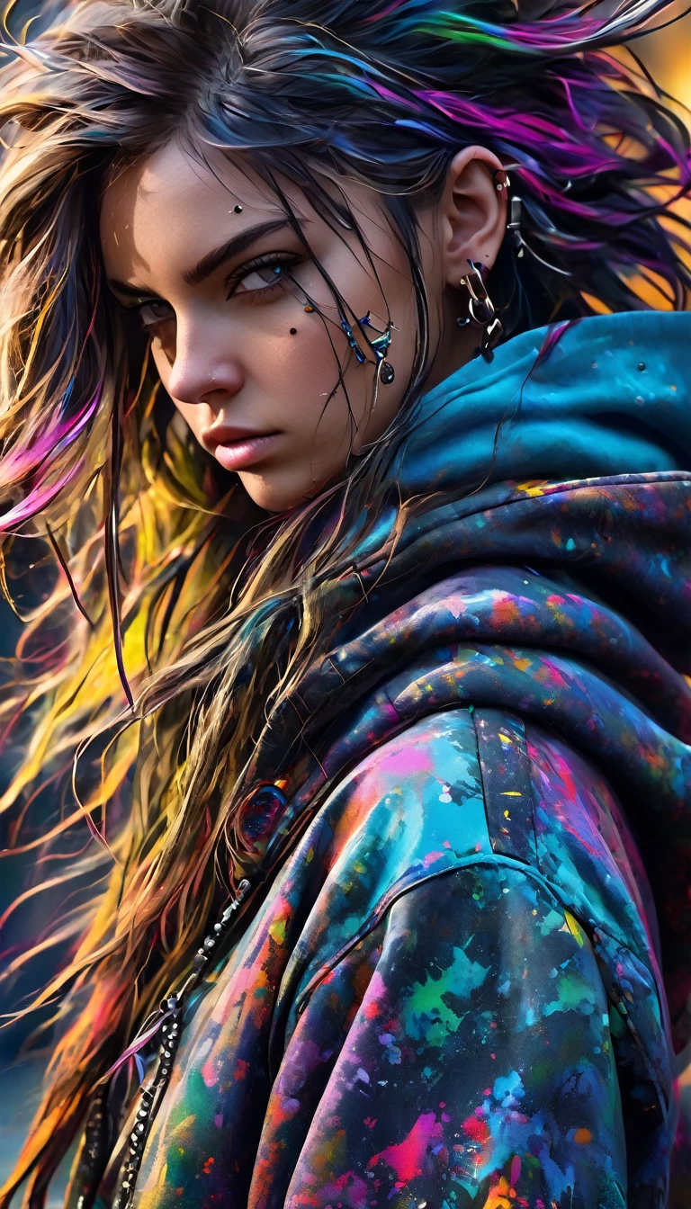 A close-up 3/4 quarter view portrait of a young woman with very long, tousled hair, wearing a tattered hoodie and large headphones. Her face is adorned with dark markings and piercings, exuding a rebellious vibe. The hoodie is frayed with visible metal grommets and multiple colors, suggesting a rugged, urban aesthetic. She gazes downward, lost in thought, surrounded by a moody, blurred background quality\(8k,wallpaper of extremely detailed CG unit, high resolution, top-quality, top-quality real texture skin, hyper realistic, increase the resolution, RAW photos, best quality, highly detailed, the wallpaper,golden ratio,high saturation realism, vibrant colors, dramatic lighting, persuasive storytelling, atmospheric scenery, captivating visuals, intricate details, strong emotions,dreamlike world\).