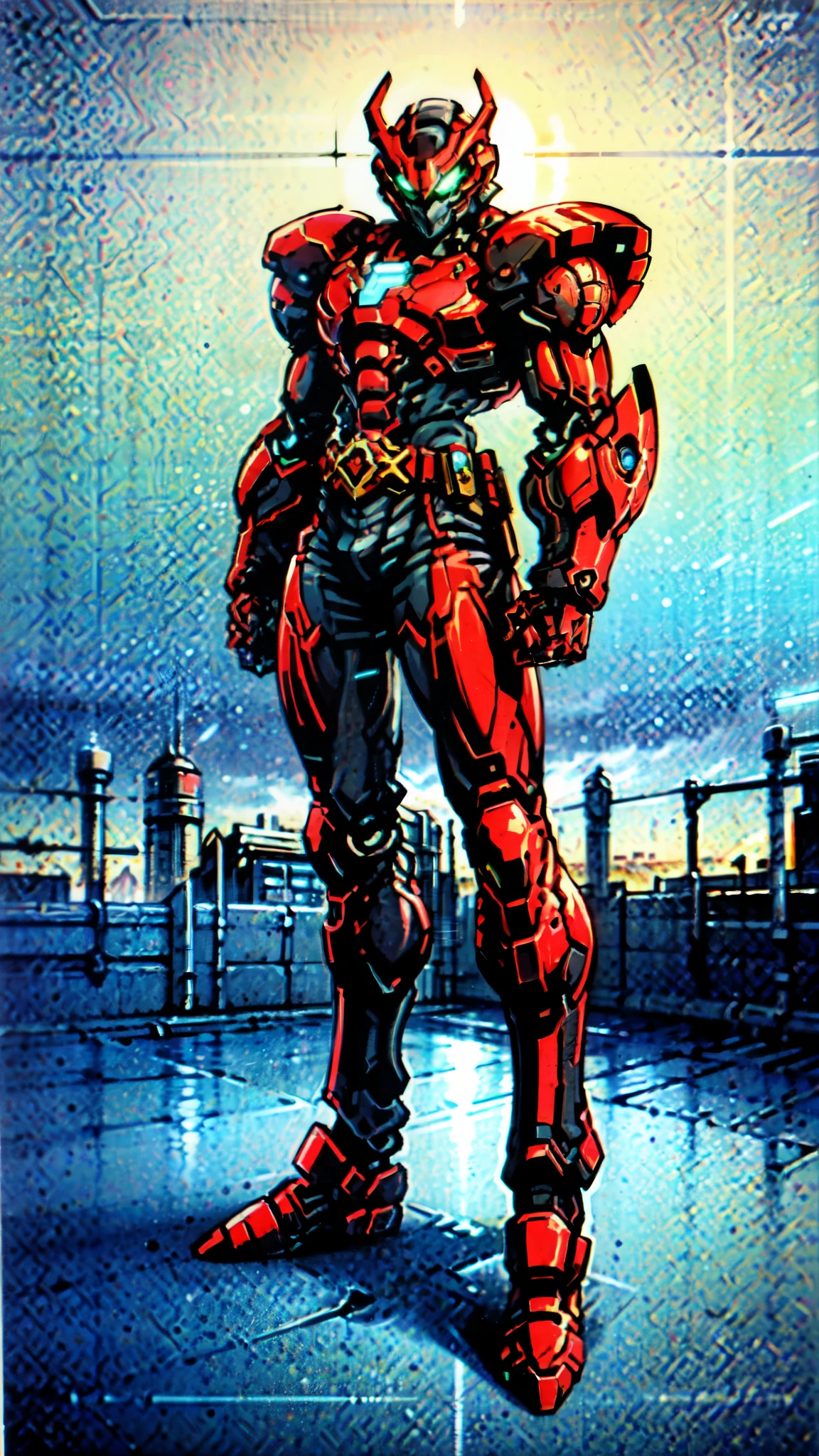 (masterpiece:1.5, best quality:1.5, extremely delicate:1.5), ((male:1.5)), a man wearing a full-face helmet, green eyes, fantasy-style high-tech biomimetic armored combat suit, (a composite layered chest armor), the design balances heavy with agility, fully enclosed shoulder guards, matching arm and leg guards, a belt of gemstone, (the color scheme is primarily Blue and Red with Black accents, Organic Biotech, Concept Inspired by superhero, glowing eyes, armor glows, stand of a futuristic sci-fi city), this character embodies a finely crafted fantasy-style armored hero in anime style, exquisite and mature art style, metallic, high definition, highres, ultra-detailed, ultra-fine painting, professional, perfect body proportions, golden ratio, anatomically correct, symmetrical face, extremely detailed eyes and face, high quality eyes, creativity, RAW photo, UHD, 32k, Natural light, cinematic lighting, masterpiece-anatomy-perfect