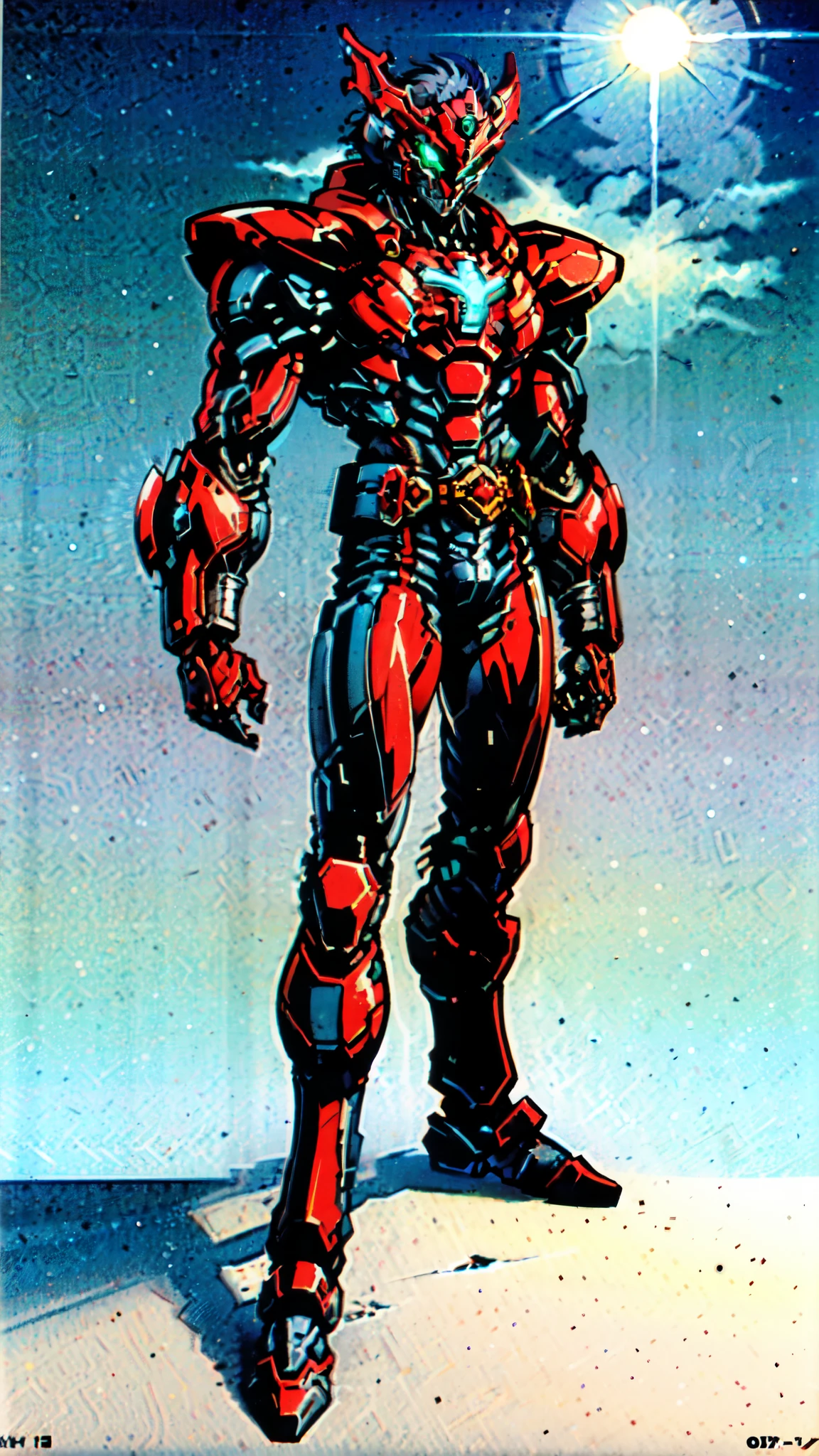 (masterpiece:1.5, best quality:1.5, extremely delicate:1.5), ((male:1.5)), a man wearing a full-face helmet, green eyes, fantasy-style high-tech biomimetic armored combat suit, (a composite layered chest armor), the design balances heavy with agility, fully enclosed shoulder guards, matching arm and leg guards, a belt of gemstone, (the color scheme is primarily Blue and Red with Black accents, Organic Biotech, Concept Inspired by superhero, glowing eyes, armor glows, stand of a futuristic sci-fi city), this character embodies a finely crafted fantasy-style armored hero in anime style, exquisite and mature art style, metallic, high definition, highres, ultra-detailed, ultra-fine painting, professional, perfect body proportions, golden ratio, anatomically correct, symmetrical face, extremely detailed eyes and face, high quality eyes, creativity, RAW photo, UHD, 32k, Natural light, cinematic lighting, masterpiece-anatomy-perfect