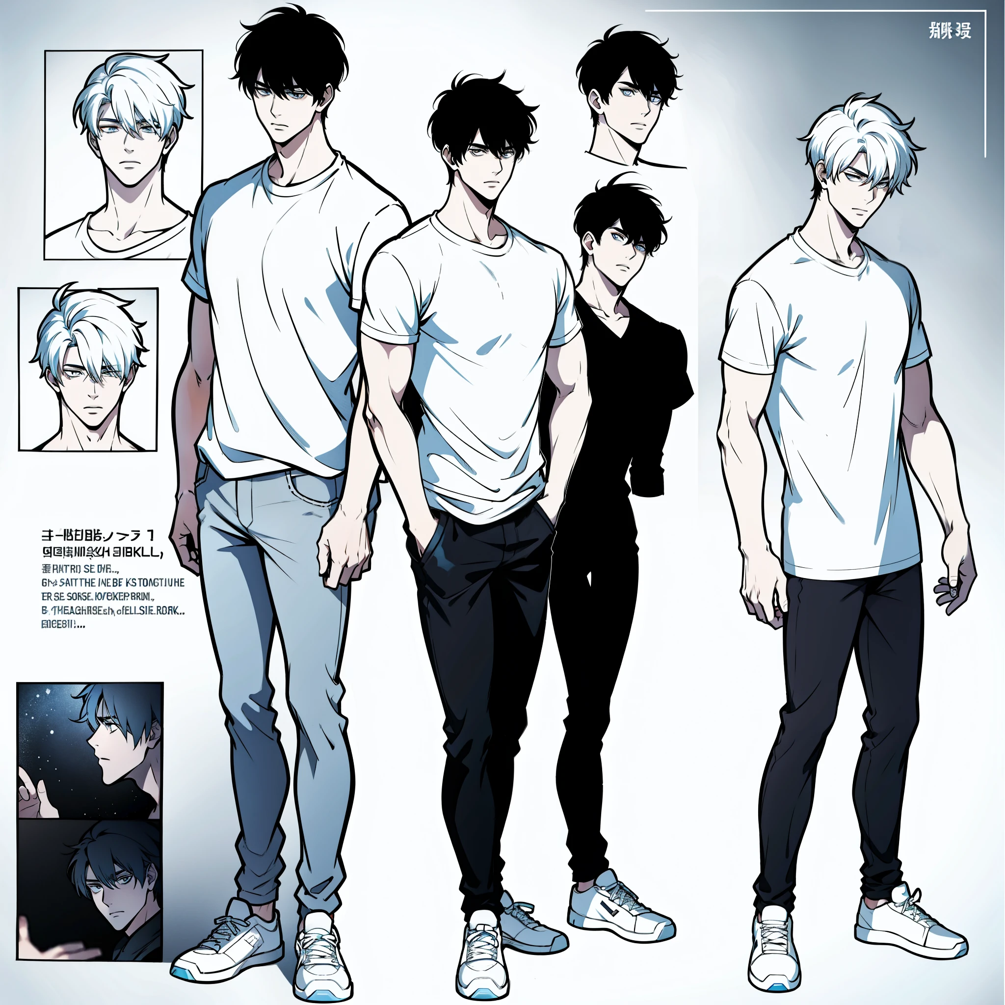 Go Eunhyuk from the Webtoon called Operation True Love, concept art, character concept, handsome main character, white t-shirt, black pants, white shoes, full body, character sheet