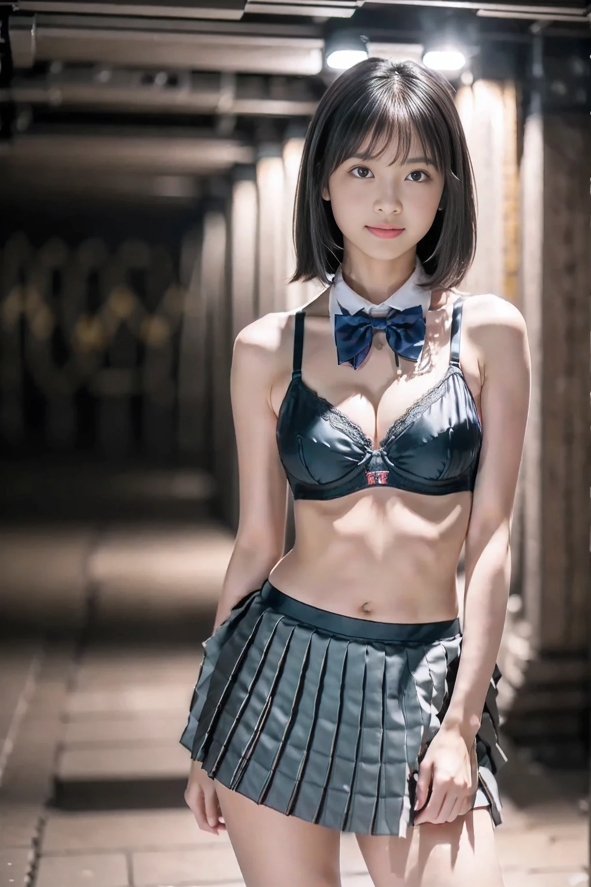 (4k, high quality, high quality, masterpiece), (brightness adjustment), (realistic), ((standing in an underground fortress)),
A beautiful girl trapped by me, brainwashed to follow me and be my pawn,
((standing in front of me, looking at me)),
One beautiful girl, Asian beauty, Japanese woman,
((black hair, slender figure, petite)),
((bow tie, bra, pleated miniskirt))