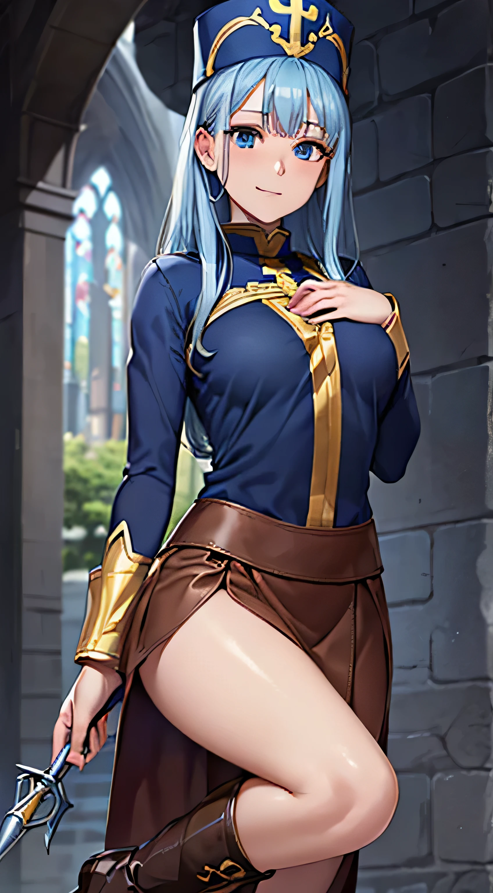 ((masterpiece, Best Quality,  Hi-Res, ,  Perfect Pixel ,  4K, ))), 1 woman, single, Alone, Beauty、The whole body is visible、 ((( light blue straight hair holding a monk's wand))),( bangs, ), (( beautiful eyes,  beautiful eyelashes ,   Real Eyes )), ((  Detailed Face , )), (( smooth texture:0.75, Realistic texture:0.65,  photorealistic:1.1,  anime CG style)),  medium chest,  dynamic angle that raises one leg terribly,  perfect body,  ((Priest costume、(luxurious blue mitra、blue long tabert)、 Bracelets、Priest hat 、、 brown leather boots 、Gold Circlet))、cathedral、The gorgeous shining monk's cane 、Sideboob、、、、、  and a very embarrassed panic smile、 cute smile、 、 ( The wind rolled up the skirt、、Pose to hold your chest with both arms、 lean forward、)、