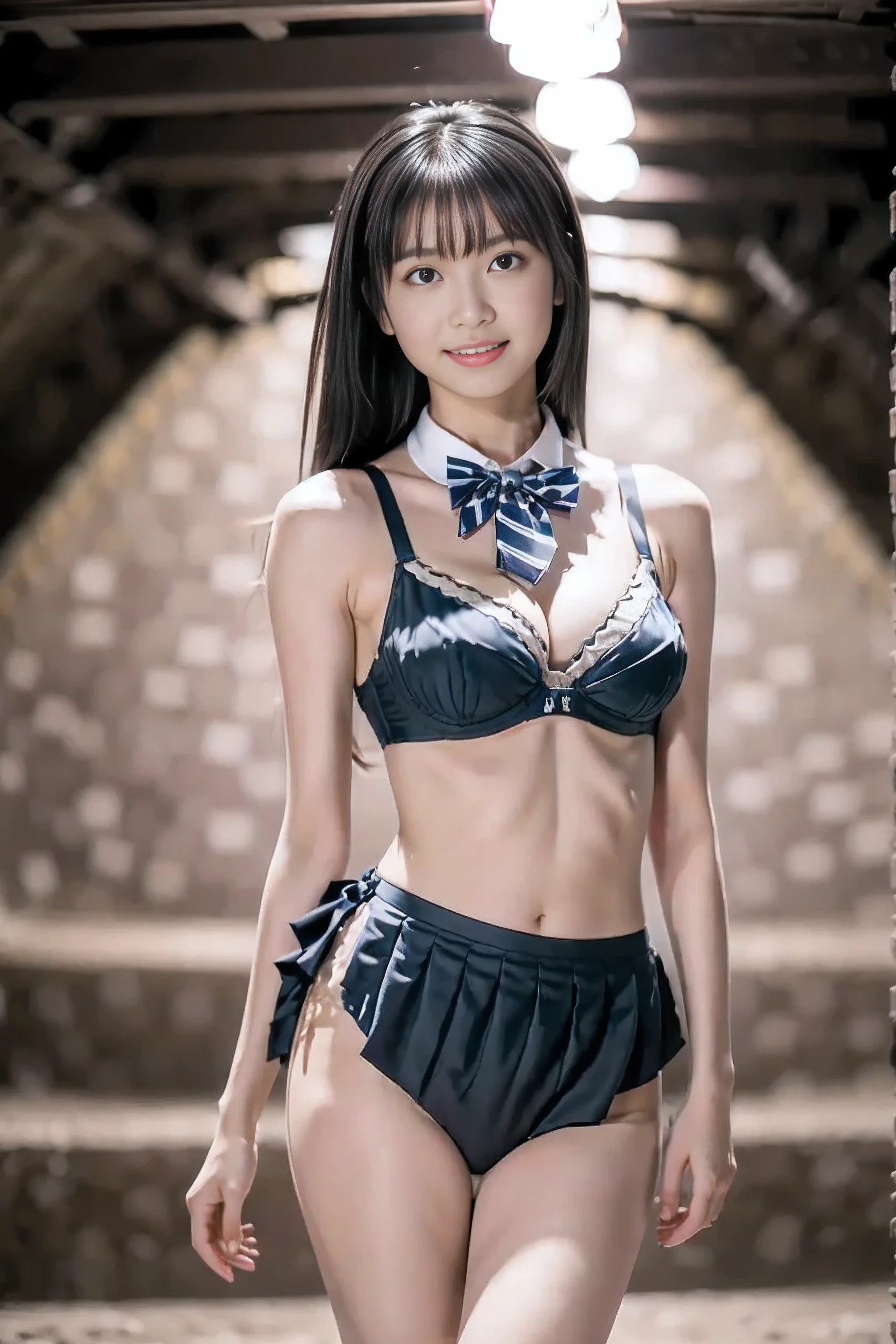(4k, high quality, high quality, masterpiece), (brightness adjustment), (realistic), ((standing in an underground fortress)),
A beautiful girl trapped by me, brainwashed to follow me and be my pawn,
((standing in front of me, looking at me)),
One beautiful girl, Asian beauty, Japanese woman,
((black hair, slender figure, petite)),
((bow tie, bra, pleated miniskirt))