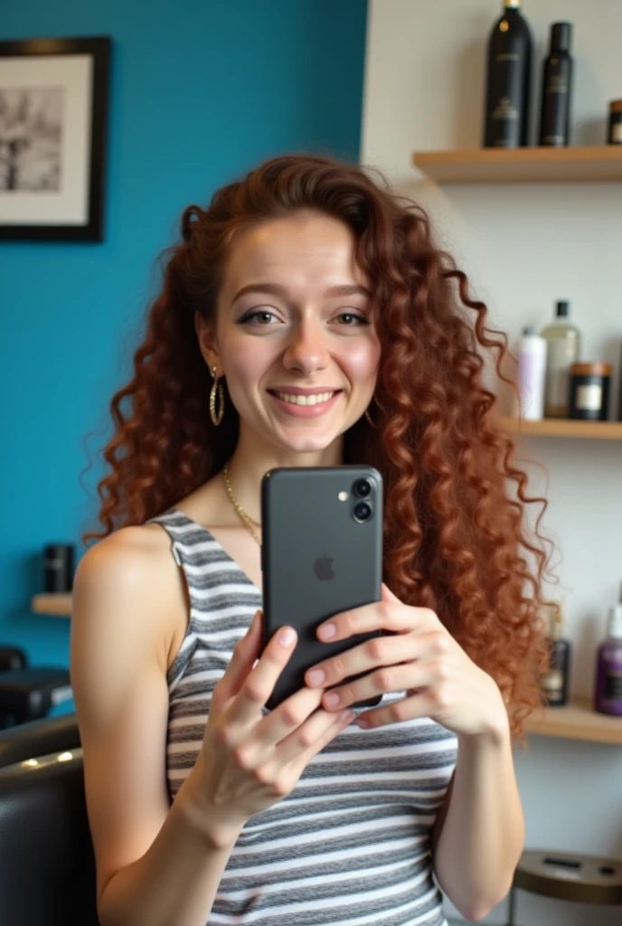 The image is a photograph taken in a modern, well-lit salon. A young woman, with long, curly auburn hair is seated in a salon chair, taking a selfie with her smartphone. She has fair skin and wears a sleeveless top with a horizontal stripe pattern. The salon has a contemporary design with a blue wall in the background adorned with framed artwork and a shelf holding various hair care products.