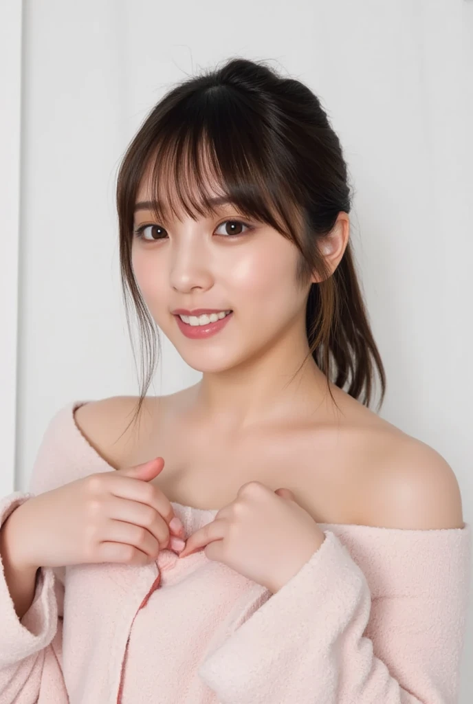 Only one woman with a cute smile wears cute, fluffy off-shoulder pajamas, makes a big heart shape with both hands, and poses them in front of her chest, View above collarbone、The background is a monotone 

