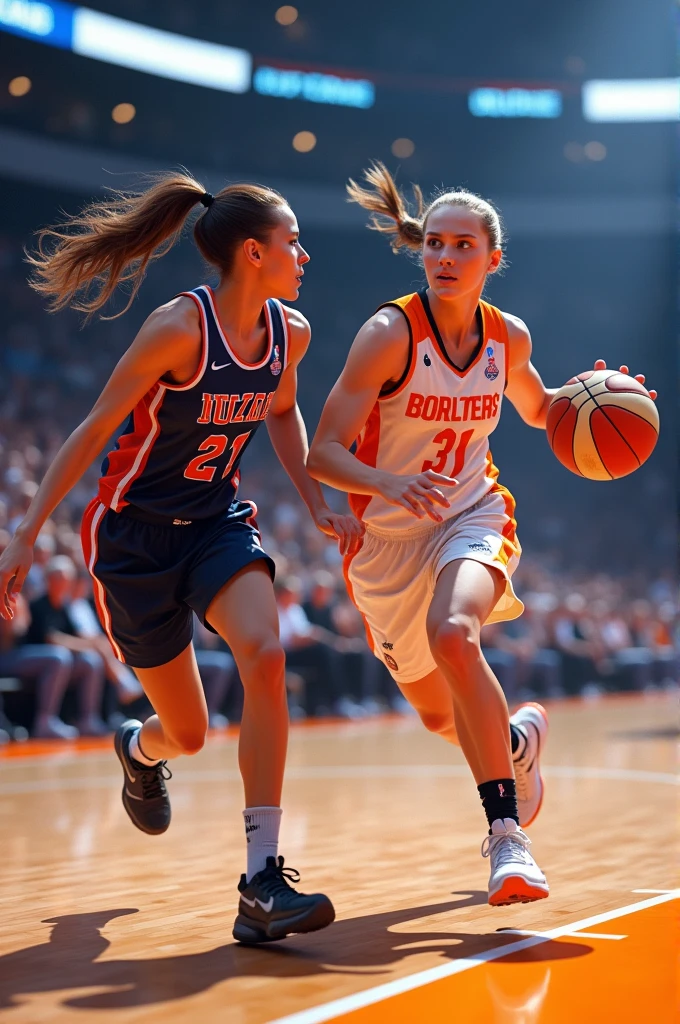 (full bodied), Bokeh:1.2, Dynamic Angle, ((Professional basketball arena)), (Cheering Audience:1.2), 1 Basketball, 
(2girl), A 22-year-old girl playing basketball and a defensive girl trying to stop her, Fit, Black hair, pony-tail, basketball uniform, sparkly skin, Wet hair,
(Detailed face), (Raw foto, Best Quality, Masterpiece:1.2), (realisitic, Realistis:1.37), Professional Lighting,