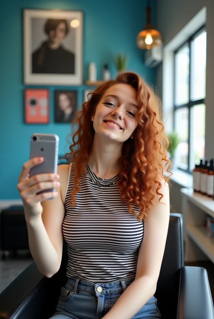 The image is a photograph taken in a modern, well-lit salon. A young woman, teenager, with long, curly auburn hair is seated in a salon chair, taking a selfie with her smartphone. She has fair skin and wears a sleeveless top with a horizontal stripe pattern. The salon has a contemporary design with a blue wall in the background adorned with framed artwork and a shelf holding various hair care products.