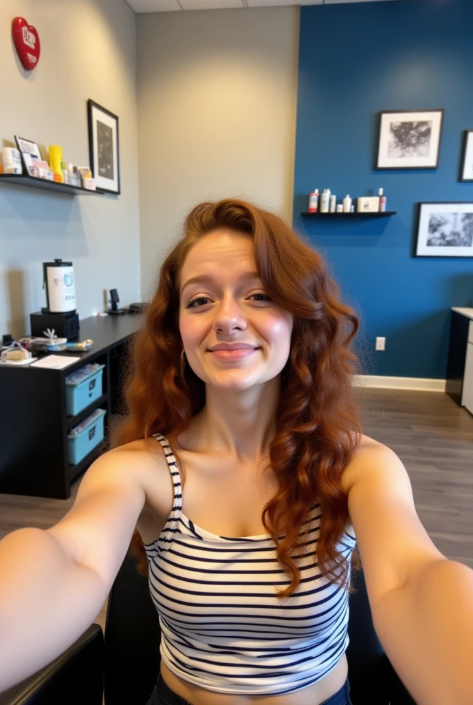 The image is a photograph taken in a modern, well-lit salon. A young woman, teenager, with long, curly auburn hair is seated in a salon chair, taking a selfie with her smartphone. She has fair skin and wears a sleeveless top with a horizontal stripe pattern. The salon has a contemporary design with a blue wall in the background adorned with framed artwork and a shelf holding various hair care products.