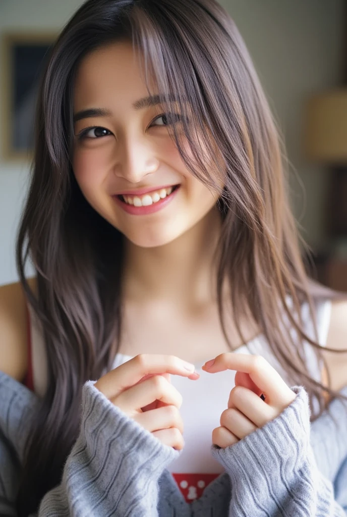 Only one woman with a cute smile wears cute, fluffy off-shoulder pajamas, makes a big heart shape with both hands, and poses them in front of her chest, View above collarbone、The background is a monotone 

