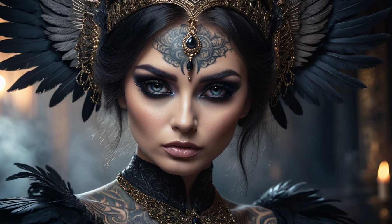 intricate beautiful dark angel, dark makeup, intense smoky eyes, long heavy eyelashes, tattooed Russian woman, proud stance, detailed facial features, photorealistic, 8k, chiaroscuro lighting, dramatic moody colors, dark fantasy, mystical, ethereal