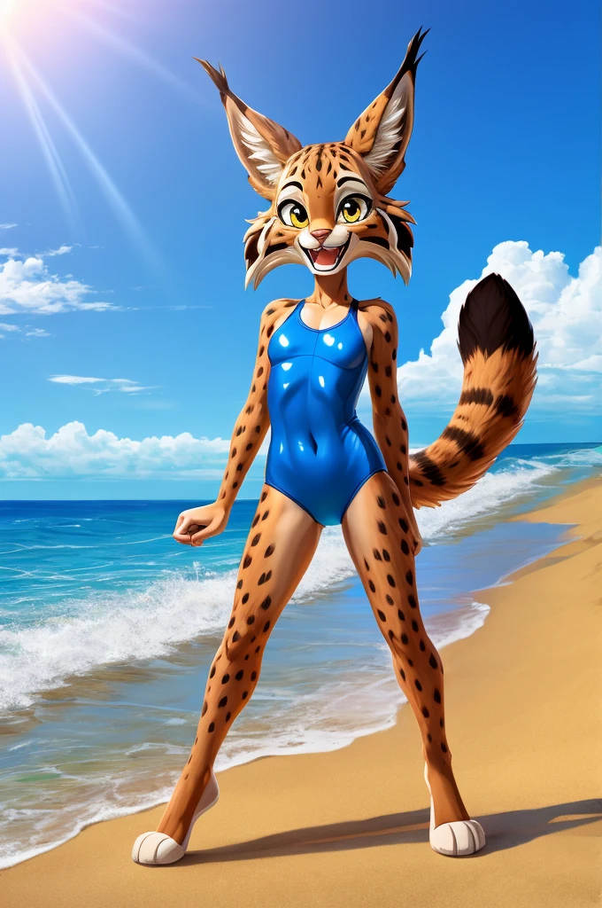 Take a walk on the beach、、girl、alone、Gray Hair、blue eyes、short hair、Fascinating、(((Walking with a brown tabby cat)))、Walking to the front、One piece swimsuit、(((High Leg)))、smile((Use a reflector to avoid backlighting))(((Brightening the subject)))
