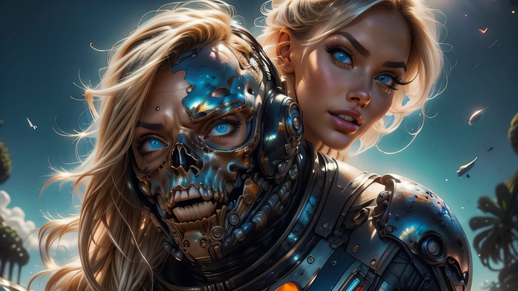 infrared image of a blonde white woman in a futuristic suit with a spaceship in the background, full body view, movie art, in front of an orange background, inspired by Robert McGinnis, female protagonist, megastructure in the background, portrait of an ai astronaut, astronauts, an astronaut, portrait of a astronaut skeletor, perfect android girl, Highly Detailed Face and Skin Texture, Detailed Eyes, Detailed eyelids, perfectly detailed teeth, (((Frank Franzetta style painting))),