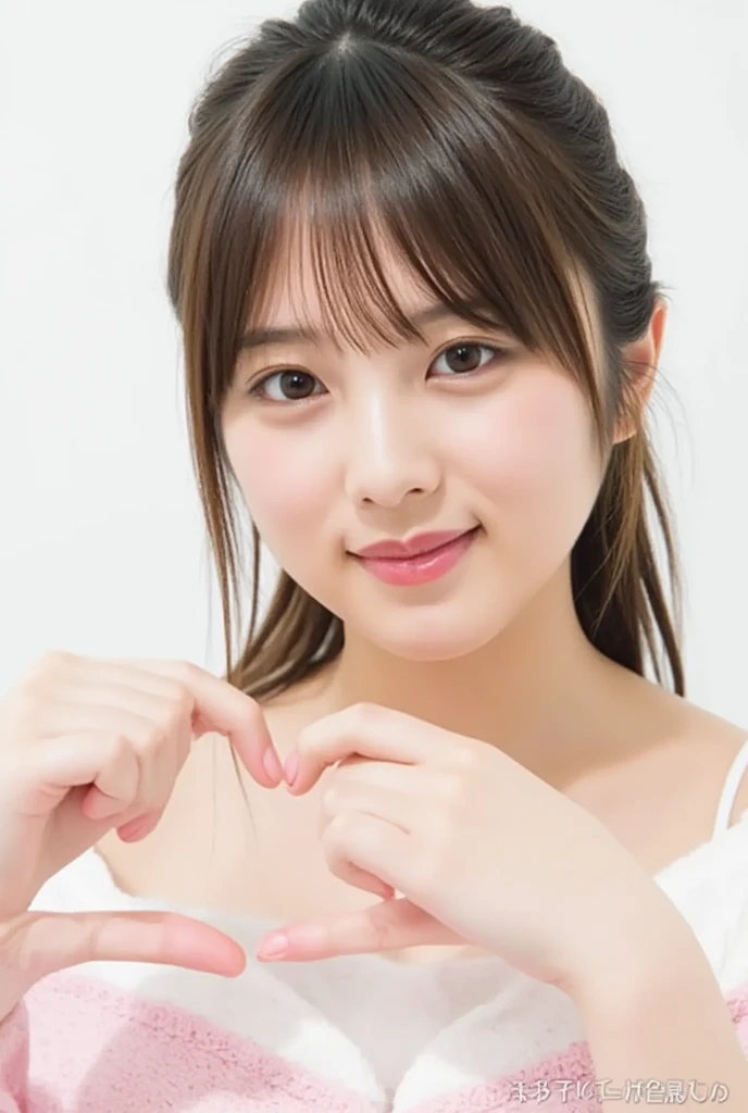 Only one woman with a cute smile wears cute, fluffy off-shoulder pajamas, makes a big heart shape with both hands, and poses them in front of her chest, View above collarbone、The background is a monotone 

