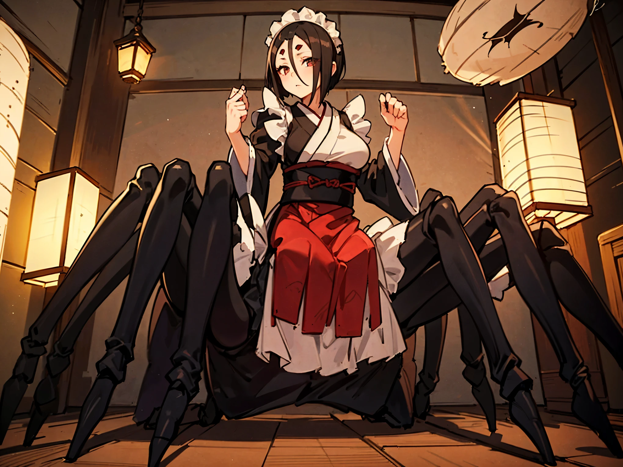 Arachne girl. Kimono. White and black costume. Costume with a spider web pattern. Maid style. Large spider legs. Short hair. Black hair. Spider eyes on the forehead. Traditional japanese andon lamp. Japan style indoors.