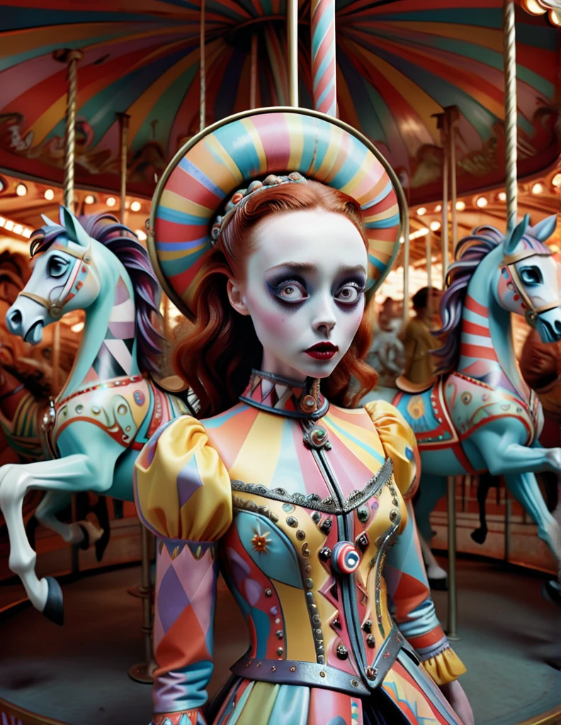 close up portrait she as Amidst Tim Burton's dreamlike carnival of peculiarities, a carousel spins. Its horses, with elongated necks and surreal, angular features, wear coats adorned with mesmerizing geometry patterns. As the carousel turns, the patterns create an optical illusion, blending the boundaries between reality and fantasy. It's a Burtonesque ballet of geometry, where the ordinary transforms into the extraordinary.,(hand drawn with pencil:1.15), (tim burton style:1.27), ,