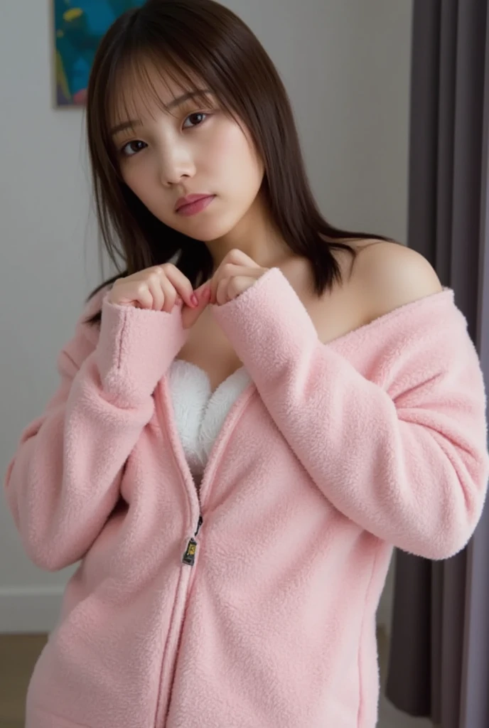 Only one woman with a cute smile wears cute, fluffy off-shoulder pajamas, makes a big heart shape with both hands, and poses them in front of her chest, View above collarbone、The background is a monotone 

