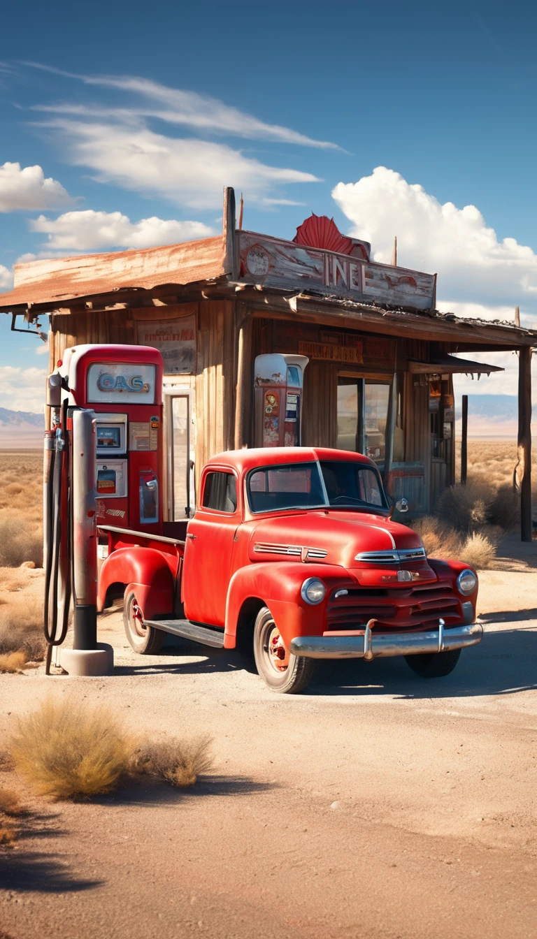 A rustic gas filling station along a lonely desert highway, surrounded by sparse, dry desert vegetation. A classic red vintage truck, slightly dusty from the road, is parked near one of the old-fashioned gas pumps. The filling station is simple, with a weathered metal canopy and vintage signage. Wooden utility poles, aged and worn, line the road, with sagging electric lines stretching off into the distance. The sky is a brilliant, bright blue, dotted with a few fluffy white clouds, and the sun casts a warm, golden light across the scene, illuminating the red truck and casting gentle shadows. Dust dances lightly in the breeze, enhancing the remote, nostalgic atmosphere.Hyoer realistic rendering.Designed for an 8K high-quality wallpaper, the colors are vibrant and the details sharp