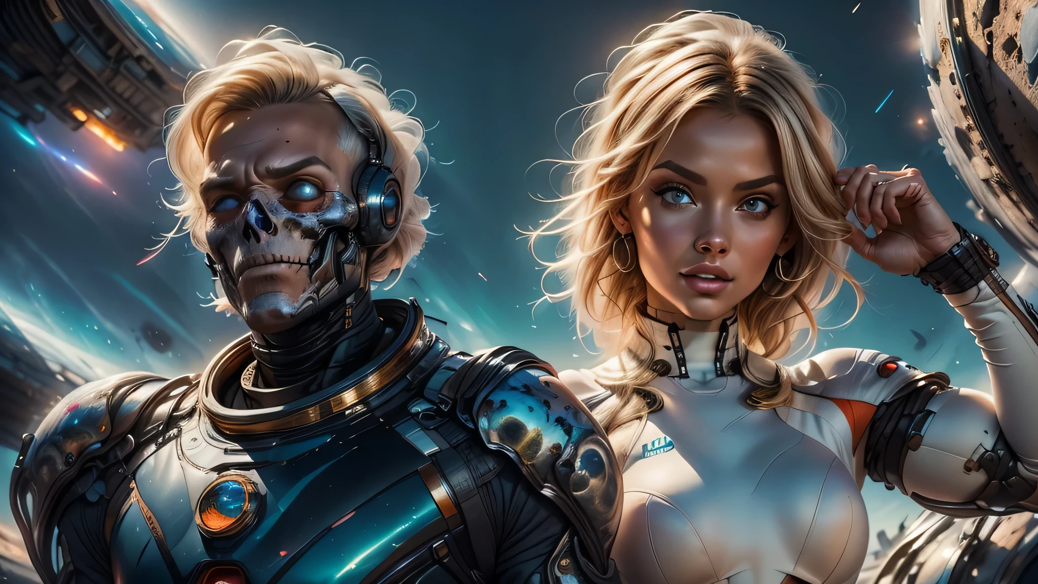 infrared image of a blonde white woman in a futuristic suit with a spaceship in the background, full body view, movie art, in front of an orange background, inspired by Robert McGinnis, female protagonist, megastructure in the background, portrait of an ai astronaut, astronauts, an astronaut, portrait of a astronaut skeletor, perfect android girl, Highly Detailed Face and Skin Texture, Detailed Eyes, Detailed eyelids, perfectly detailed teeth, (((Frank Franzetta style painting))),