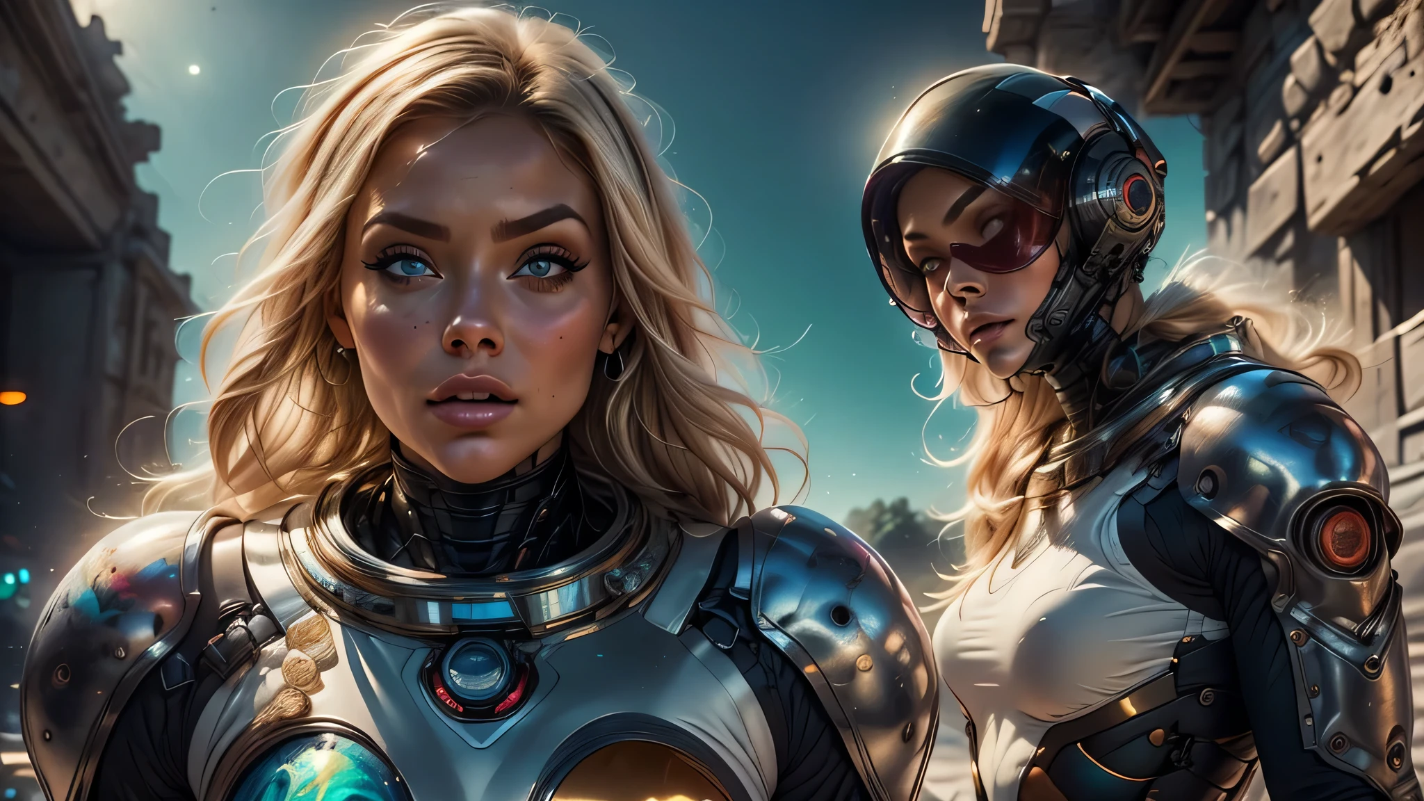 infrared image of a blonde white woman in a futuristic suit with a spaceship in the background, full body view, movie art, in front of an orange background, inspired by Robert McGinnis, female protagonist, megastructure in the background, portrait of an ai astronaut, astronauts, an astronaut, portrait of a astronaut skeletor, perfect android girl, Highly Detailed Face and Skin Texture, Detailed Eyes, Detailed eyelids, perfectly detailed teeth, (((Frank Franzetta style painting))),