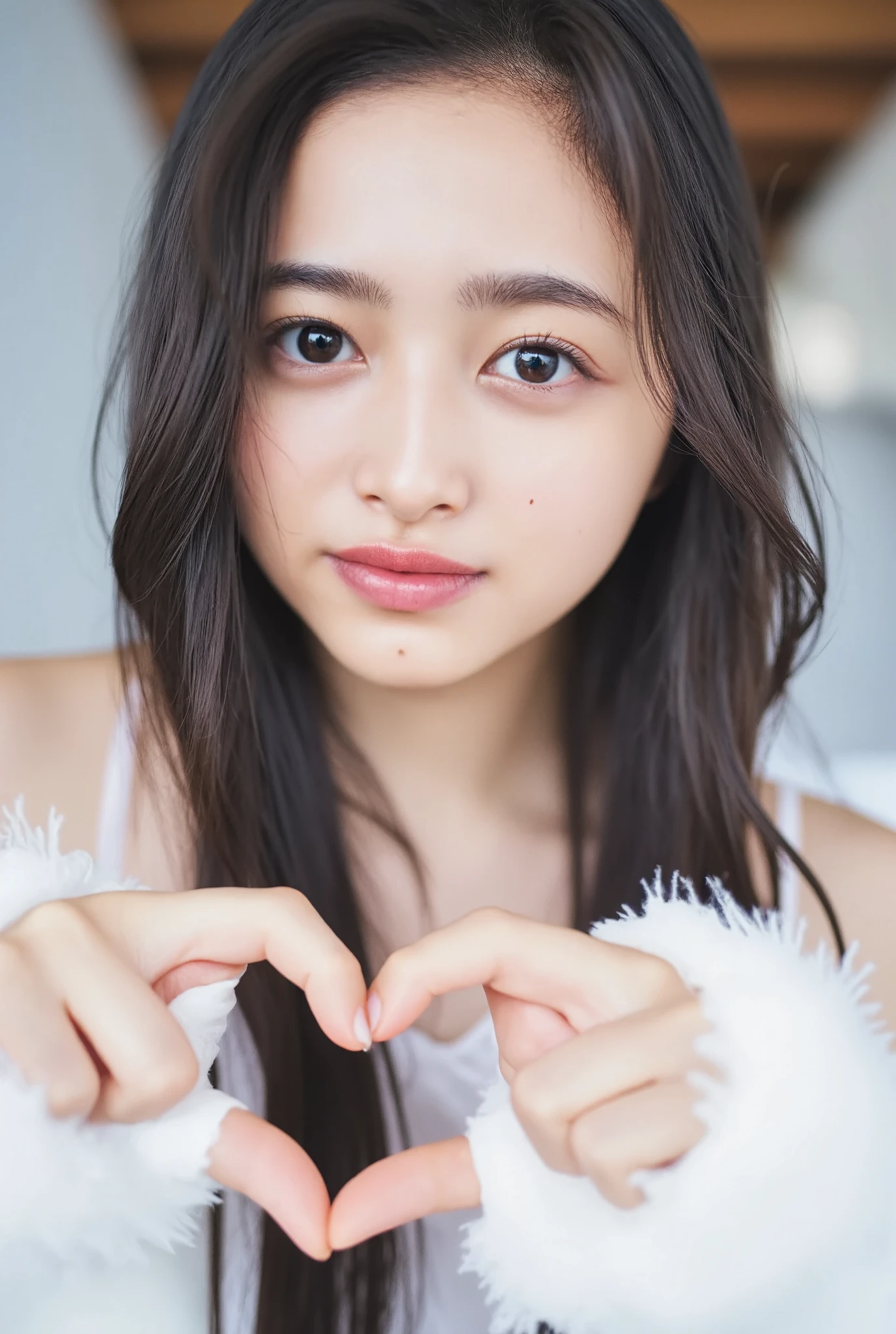 Only one woman with a cute smile wears cute, fluffy off-shoulder pajamas, makes a big heart shape with both hands, and poses them in front of her chest, View above collarbone、The background is a monotone