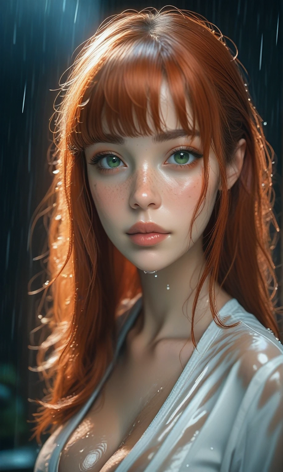 score_9, score_8_up, score_7_up, score_6_up, photo, realism, photorealistic, portrait, full face, young girl, redhead, freckles, square bangs, straight bangs, green eyes, makeup, big lips, skinny, big breasts, cleavage, wet white shirt, wet skin, wet hair, looking at viewer, black background, rain, depth of field, low light, film grain