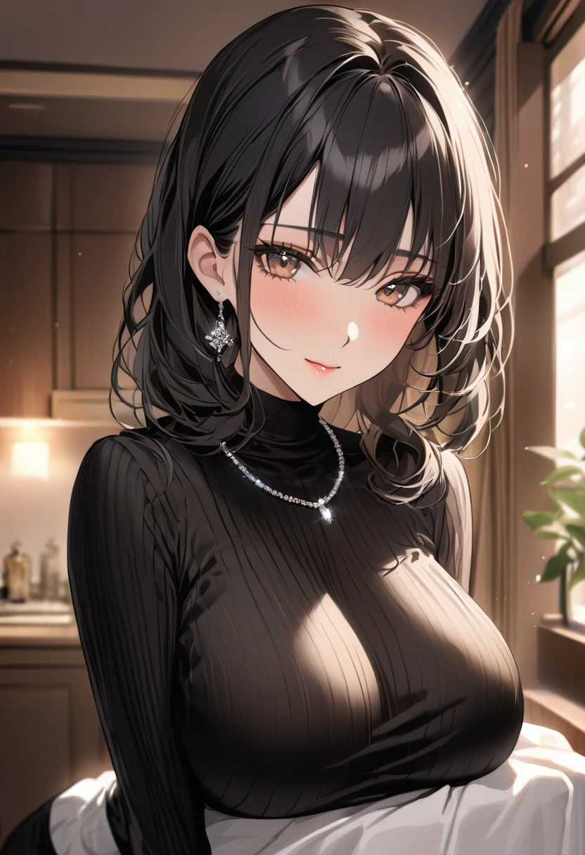 portrait ((highest quality)), ((masterpiece)), (detailed), (one girl), sexy, height 168 and bust 120 cm, busty housewife, mature woman, housewife, black hair, a mother with warm gentle eyes, ((calm expression)) looking at viewer with gentle eyes, black turtleneck, a delicate thin simple diamond necklace, 