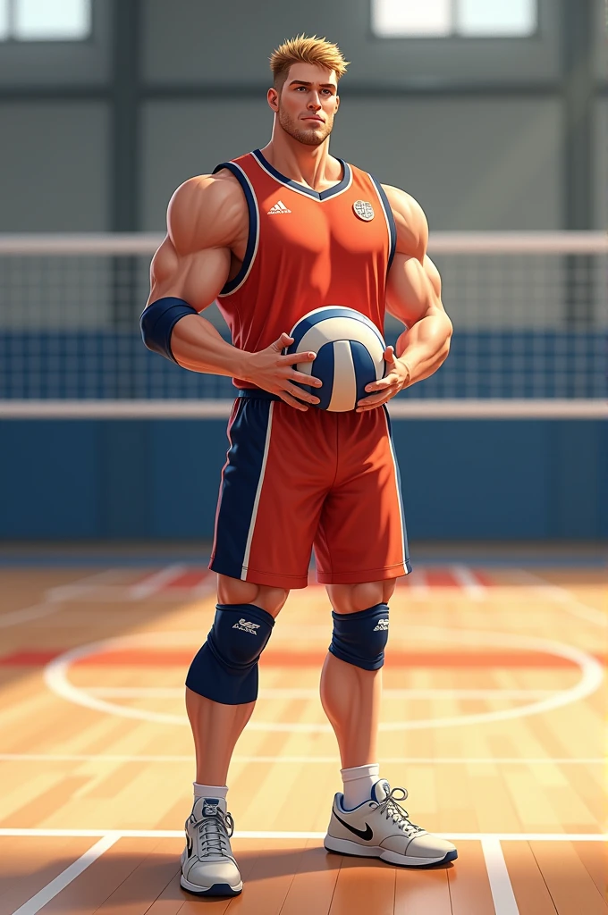 a male furry armadillo who is only wearing short shorts, has his body uncovered and is in a volleyball stadium as he is playing. He wears a necklace with a K pendant
