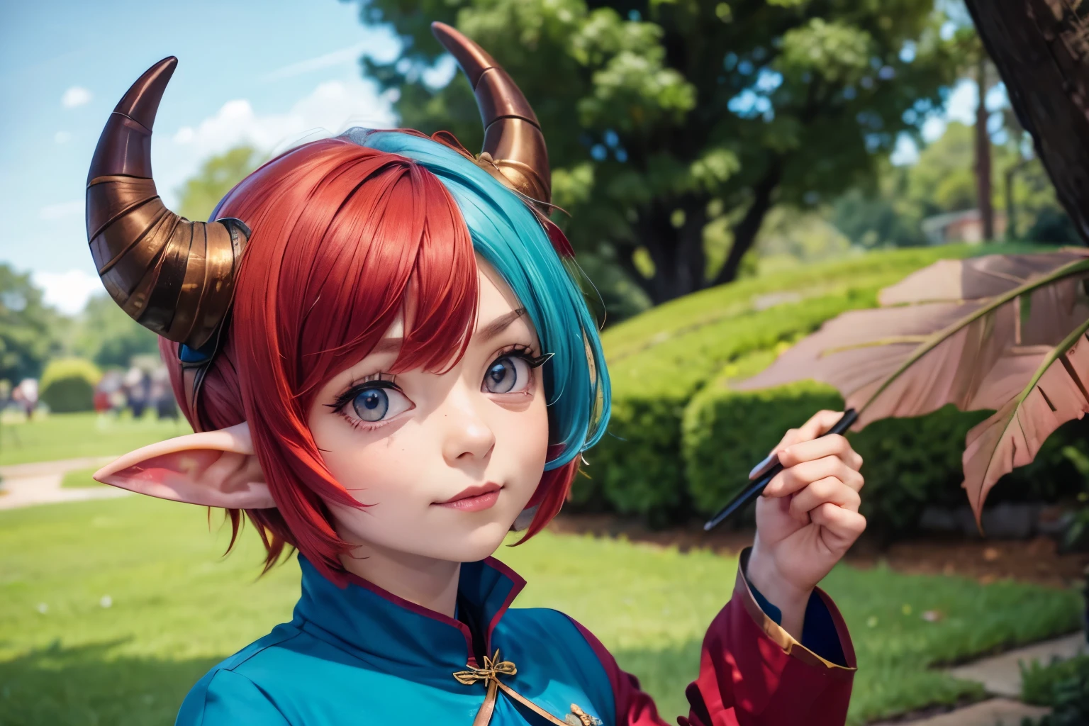 PastelGothAI, goblin, elf ears, dragon horns, red hair, blue clothes