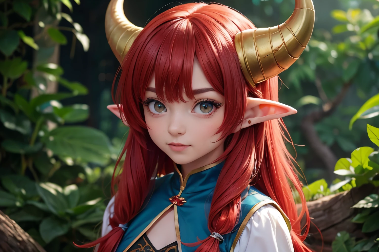 PastelGothAI, goblin, elf ears, dragon horns, red hair, blue clothes