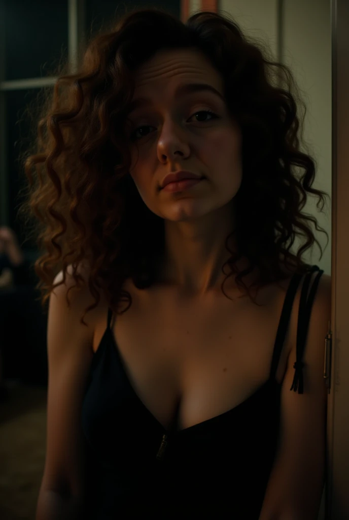 The image is a dimly lit, slightly grainy photograph of a young woman named Molly with a fair complexion and long, curly auburn hair that cascades down her left shoulder. She has a calm, neutral expression on her face, with her eyes slightly open and looking directly at the camera. Her hair is styled in loose, voluminous curls that frame her face. She is wearing a black spaghetti-strap top, which reveals a glimpse of her shoulders and upper chest.