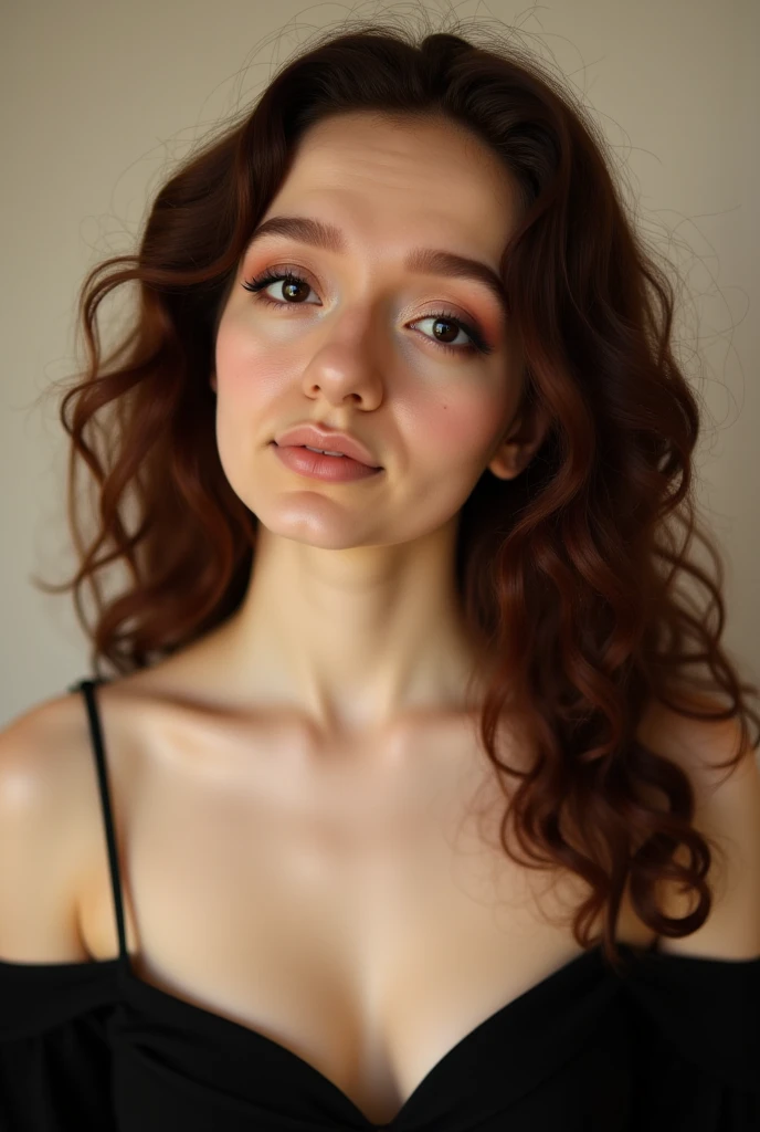 The image is a high-resolution photograph of a young woman with fair skin and curly, auburn hair styled in loose waves. She has a slender physique and is wearing a black off-the-shoulder top that reveals her shoulders. Molly's makeup is subtle yet polished, featuring a natural look with a touch of shimmering eyeshadow, neutral lipstick, and well-groomed eyebrows.